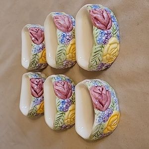 Lot of 6 Vintage Audrey Ceramic Floral Pattern Napkin Rings